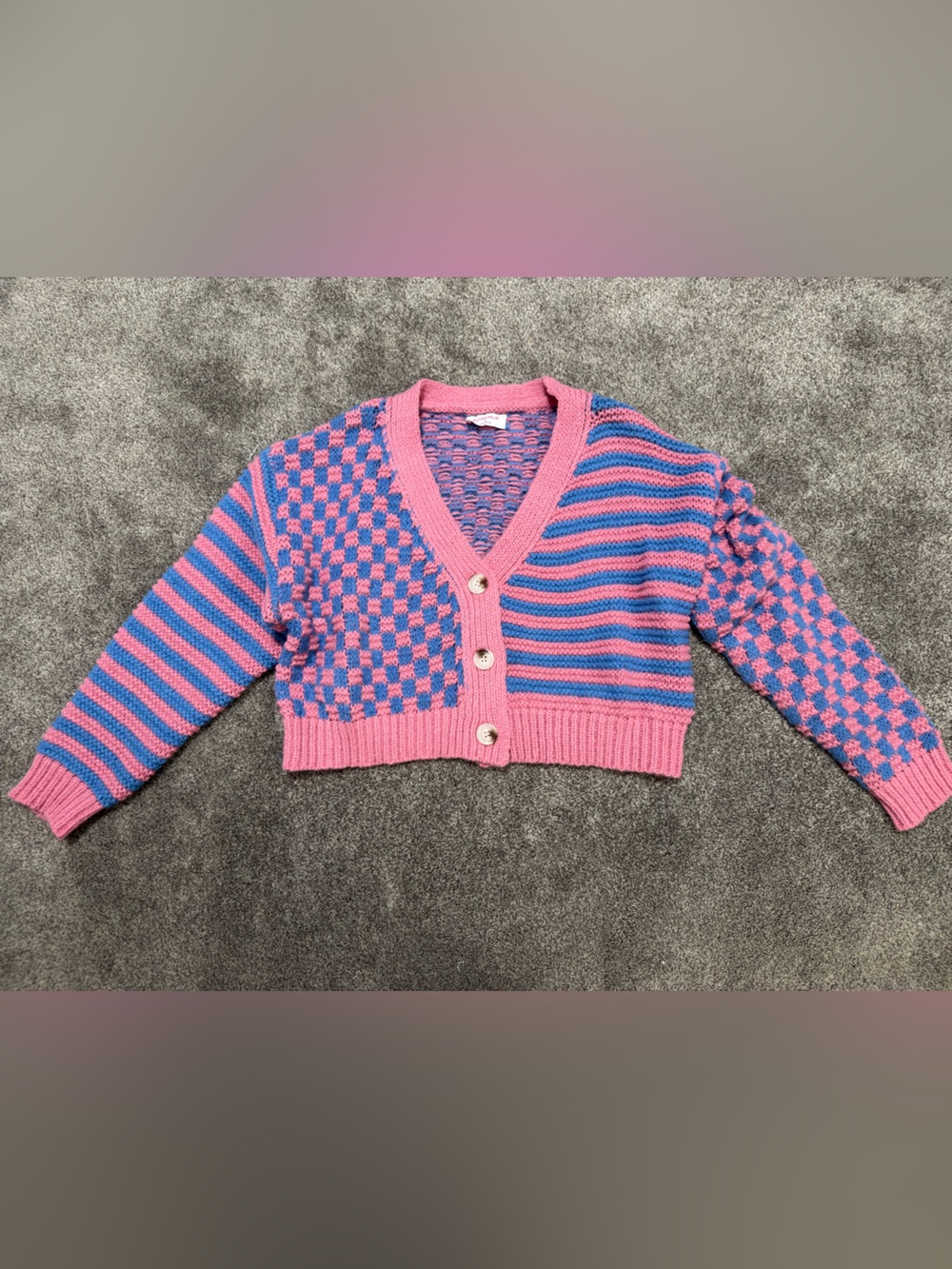 Pink & Blue Cropped Knit Cardigan Sweater